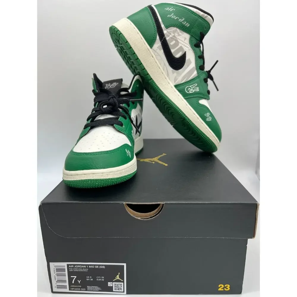 Jordan 1 Mid SE Overbranded GS Pine Green Sneakers HF3200-300 Size 7Y.